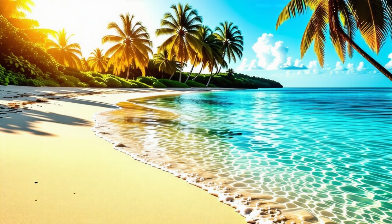 Belle plage de sable dor&eacute; avec une eau claire et bleue