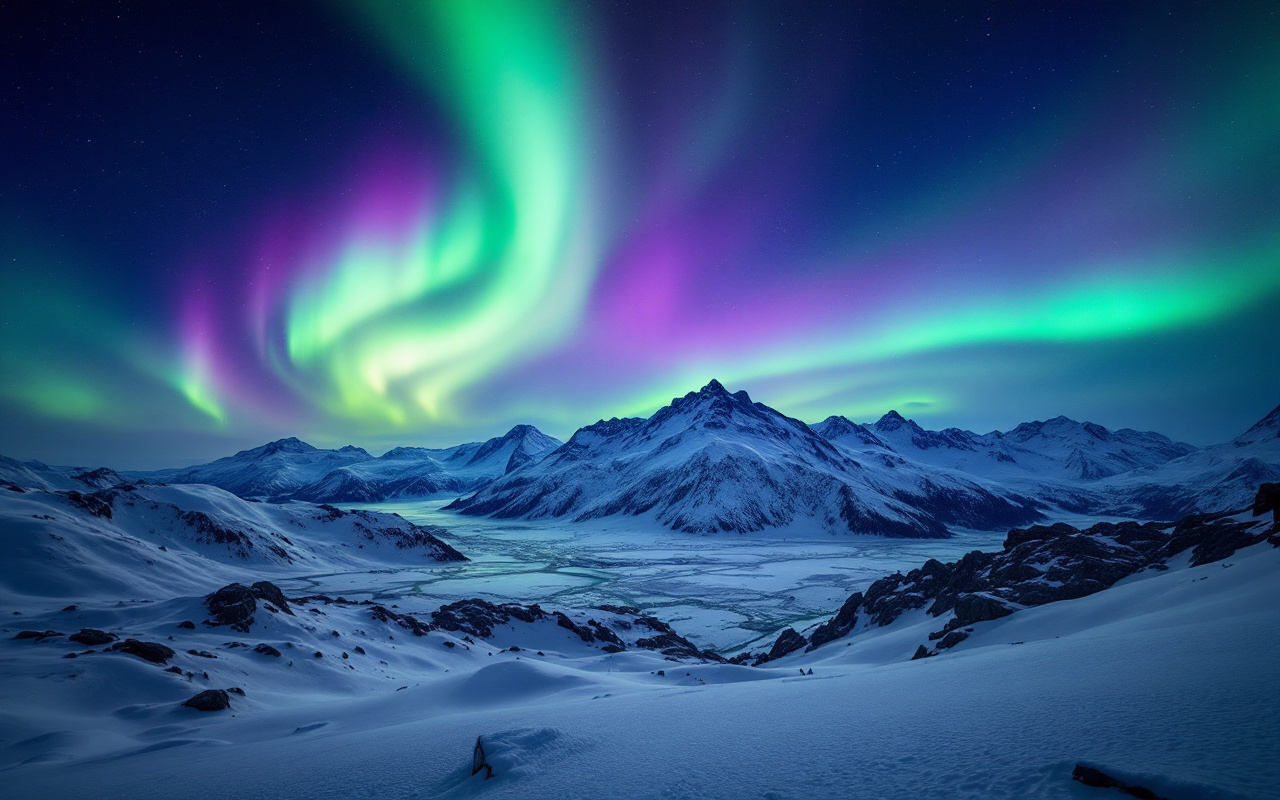 Une image captivante montrant des aurores dansantes au-dessus de montagnes glac&eacute;es, avec des pics enneig&eacute;s refl&eacute;tant des nuances de vert et de violet dans le ciel nocturne.