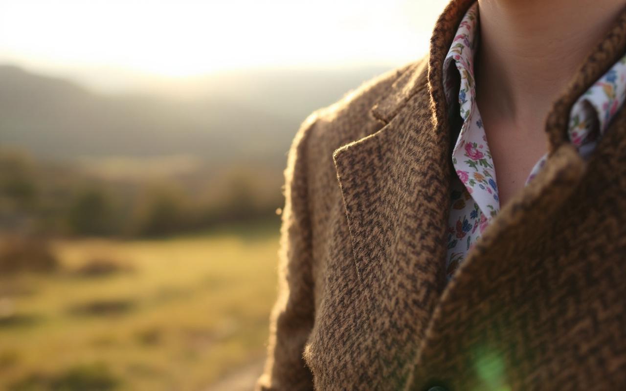 D&eacute;tail d'une veste en tweed associ&eacute;e &agrave; une chemise au motif Liberty, mettant en valeur les textures et les couleurs riches dans un &eacute;clairage doux du soir.
