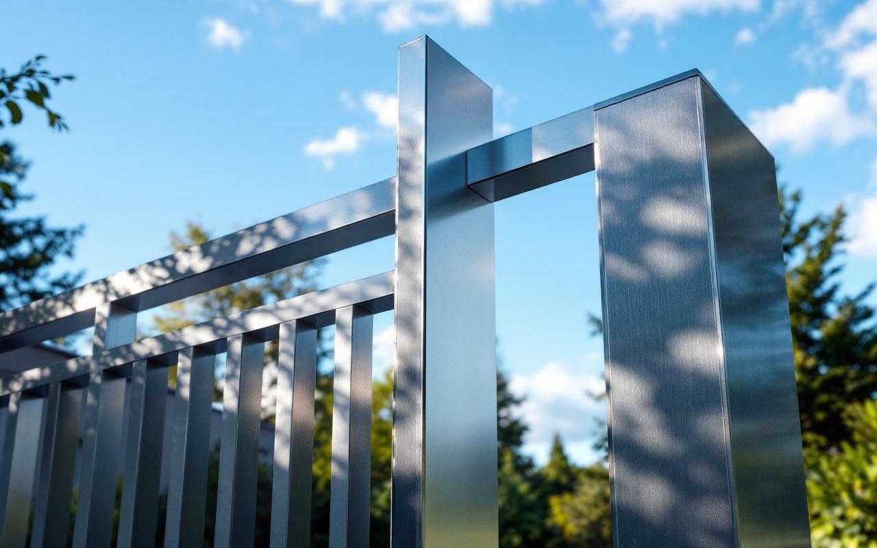 Un pilier de portail en aluminium au design moderne, avec des lignes épurées et une finition métallique, dans un jardin naturel en arrière-plan sous un ciel bleu éclatant.