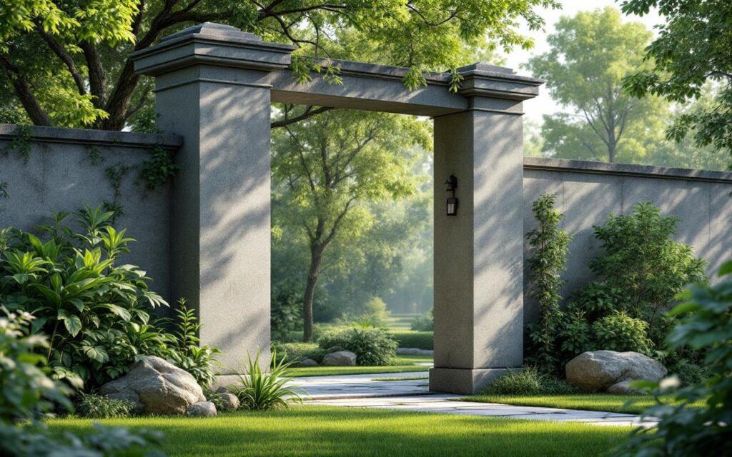Une image d'un pilier de portail robuste en béton, situé dans un jardin serein, baigné de lumière douce, mettant en valeur la texture et la structure du béton dans un environnement naturel.