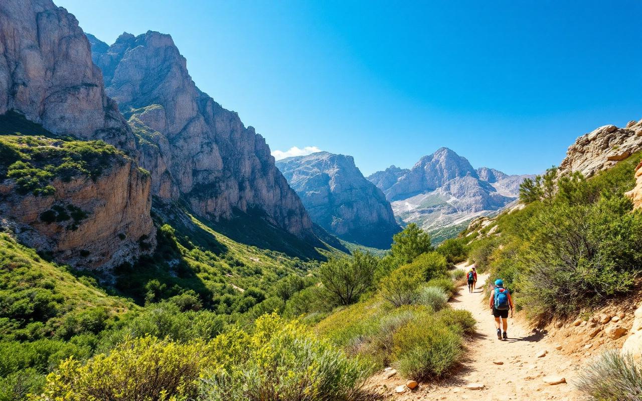 Des randonneurs sur un sentier montagneux en Corse, entour&eacute;s de falaises escarp&eacute;es et de v&eacute;g&eacute;tation luxuriante, sous un ciel bleu clair et baignant dans la lumi&egrave;re du soleil.