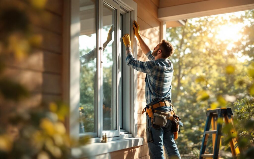 Un ouvrier en train d'installer des fenêtres dans une maison, illustrant un environnement domestique lumineux et accueillant.