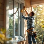 Un ouvrier en train d'installer des fenêtres dans une maison, illustrant un environnement domestique lumineux et accueillant.