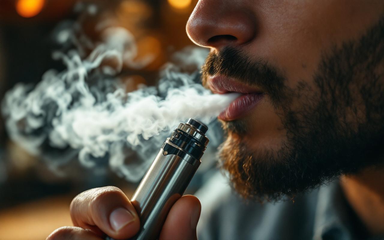 Gros plan d'une personne réalisant une inhalation MTL avec un petit appareil basse puissance, léger nuage de vapeur près des lèvres, peau détaillée, éclairage doux et ambre, arrière-plan intérieur flou et atmosphérique.