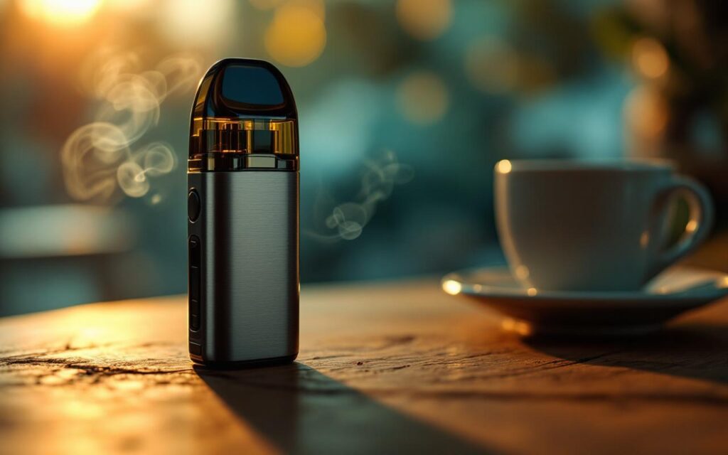 Gros plan d'une pod vape compacte contenant un e-liquide au sel de nicotine posée sur une table en bois dans un café. Lumière naturelle chaude de coucher de soleil, légère fumée, finition métal brossé et plastique mat, arrière-plan flou.