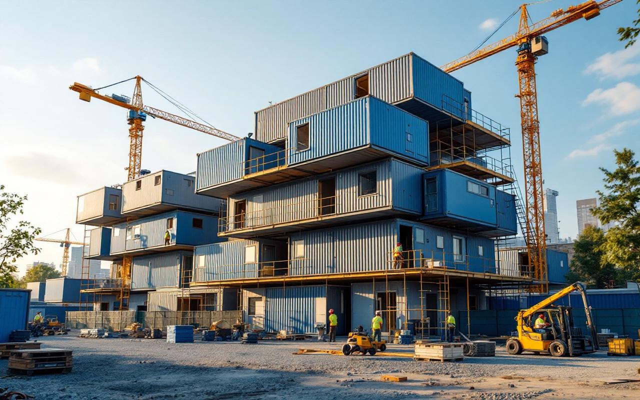 Chantier de construction modulaire avec conteneurs empil&eacute;s formant un b&acirc;timent &agrave; plusieurs niveaux, grues, &eacute;chafaudages et engins, ouvriers en action, lumi&egrave;re douce de fin d'apr&egrave;s-midi, tons bleus et verts.