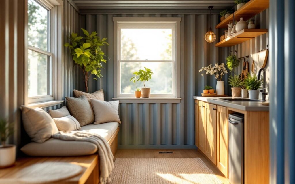 interieur-dune-maison-container-baigne-de-lumiere-naturelle-avec-finitions-en-bois-kitchenette-compacte-banc-integre-avec-coussins-grandes-fenetres-donnant-sur-un-petit-jardin-plantes-dinteri