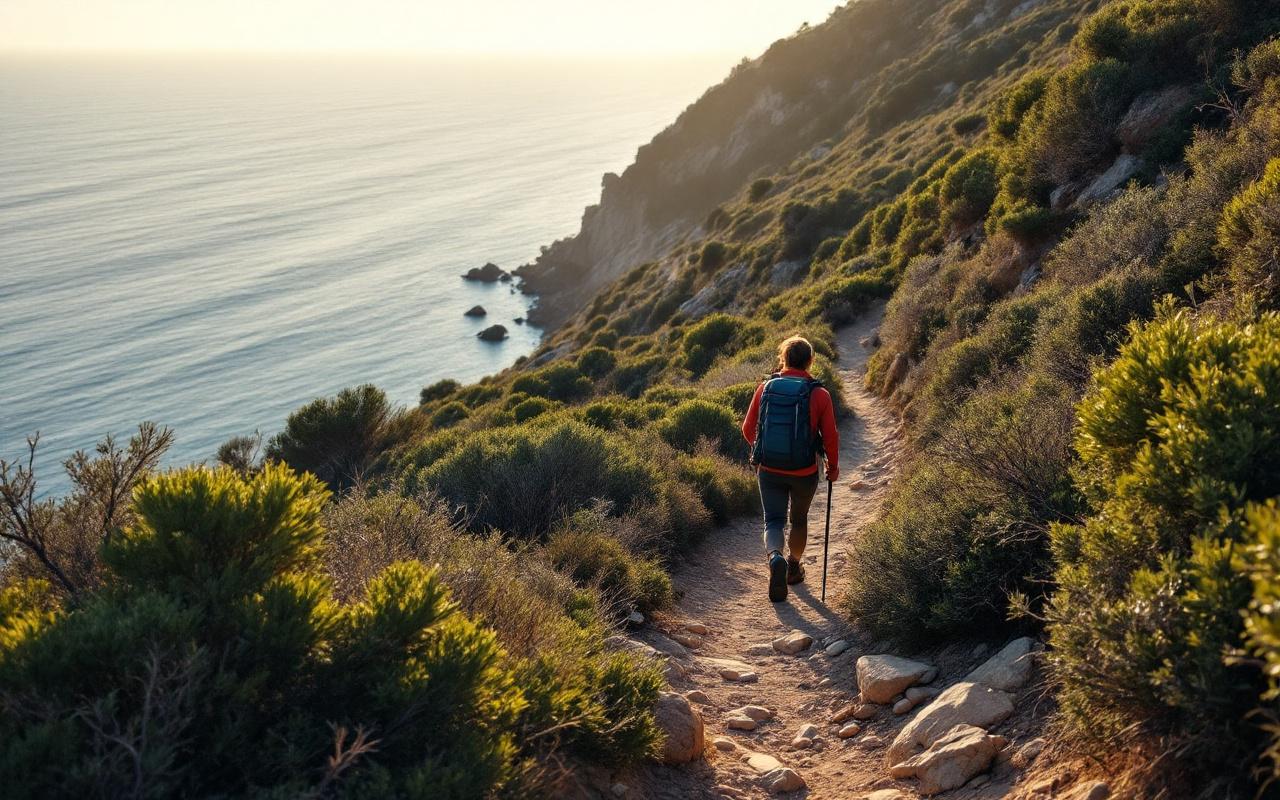 Un randonneur sur un sentier c&ocirc;tier traversant le maquis, dominant une mer bleue calme ; v&eacute;g&eacute;tation basse et rochers, sac &agrave; dos et b&acirc;ton de marche, lumi&egrave;re douce de fin d'apr&egrave;s-midi cr&eacute;ant une ambiance paisible et naturelle.