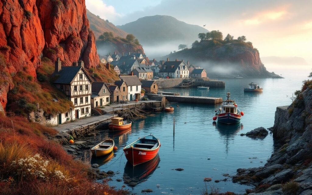 village-de-peche-niche-dans-une-crique-rocheuse-aux-falaises-rouges-petites-barques-amarrees-maisons-en-pierre-et-quais-uses-lumiere-douce-du-matin-avec-une-legere-brume-atmosphere-calme-tons