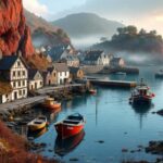 village-de-peche-niche-dans-une-crique-rocheuse-aux-falaises-rouges-petites-barques-amarrees-maisons-en-pierre-et-quais-uses-lumiere-douce-du-matin-avec-une-legere-brume-atmosphere-calme-tons