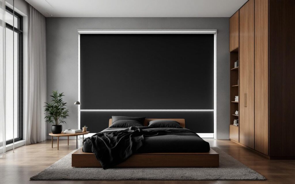 Chambre moderne plongée dans l'obscurité totale par un volet roulant occultant fermé, contours faiblement éclairés par une lueur périphérique, lit et table de chevet à peine visibles.