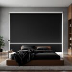 Chambre moderne plongée dans l'obscurité totale par un volet roulant occultant fermé, contours faiblement éclairés par une lueur périphérique, lit et table de chevet à peine visibles.