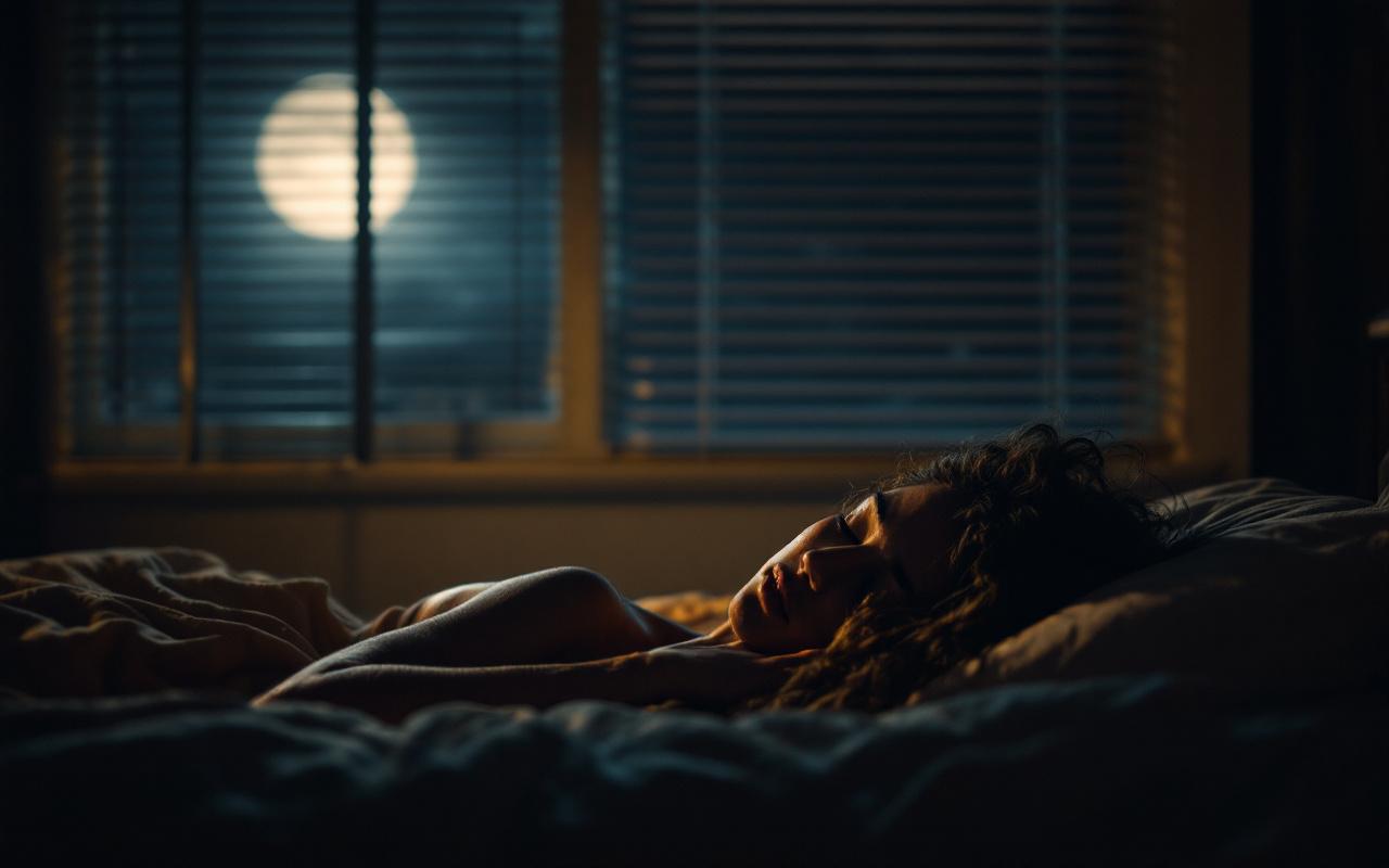Travailleur de nuit endormi dans une chambre sombre et silencieuse, allongé sur le lit dans une posture naturelle, la lune filtre par les stores créant des rayons de lumière volumétriques, une lampe de chevet diffuse une lueur chaude, ambiance calme et reposante.