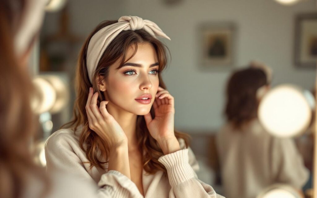 Une femme en tenue urbaine chic porte un bandeau de cheveux et s’ajuste devant un miroir, sous une lumière naturelle, ambiance photo réaliste style magazine de mode.
