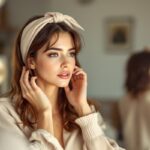 Une femme en tenue urbaine chic porte un bandeau de cheveux et s’ajuste devant un miroir, sous une lumière naturelle, ambiance photo réaliste style magazine de mode.