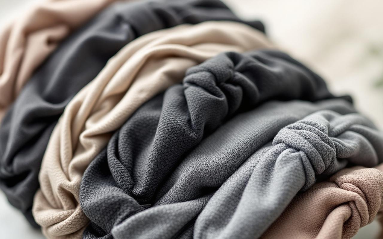 Gros plan de plusieurs bandeaux cheveux en tissu mat et rigide, présentés pour des coiffures faciles sur cheveux courts et mi-longs.