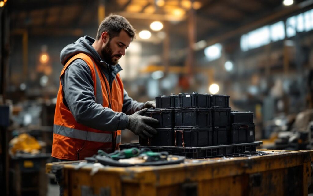 Un ferrailleur reçoit des batteries d’un vélo électrique et d’une trottinette dans une zone de tri, au sein d’un atelier industriel.
