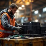 Un ferrailleur reçoit des batteries d’un vélo électrique et d’une trottinette dans une zone de tri, au sein d’un atelier industriel.
