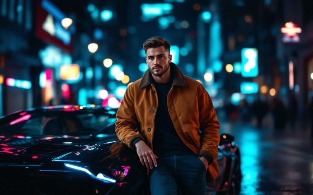Portrait éditorial d’un homme passionné d’automobile près d’une voiture de luxe la nuit, éclairages doux et reflets cinématographiques, ambiance magazine.