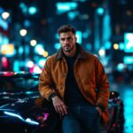 Portrait éditorial d’un homme passionné d’automobile près d’une voiture de luxe la nuit, éclairages doux et reflets cinématographiques, ambiance magazine.
