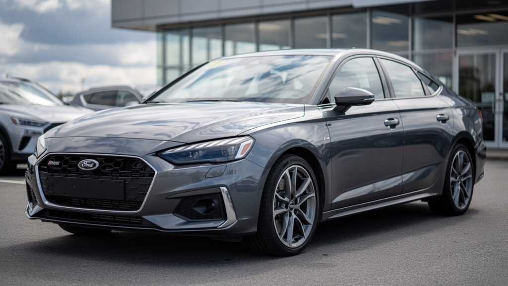 Berline compacte sportive d’occasion garée dans une concession, vue trois quarts avant, éclairage naturel et rendu premium.