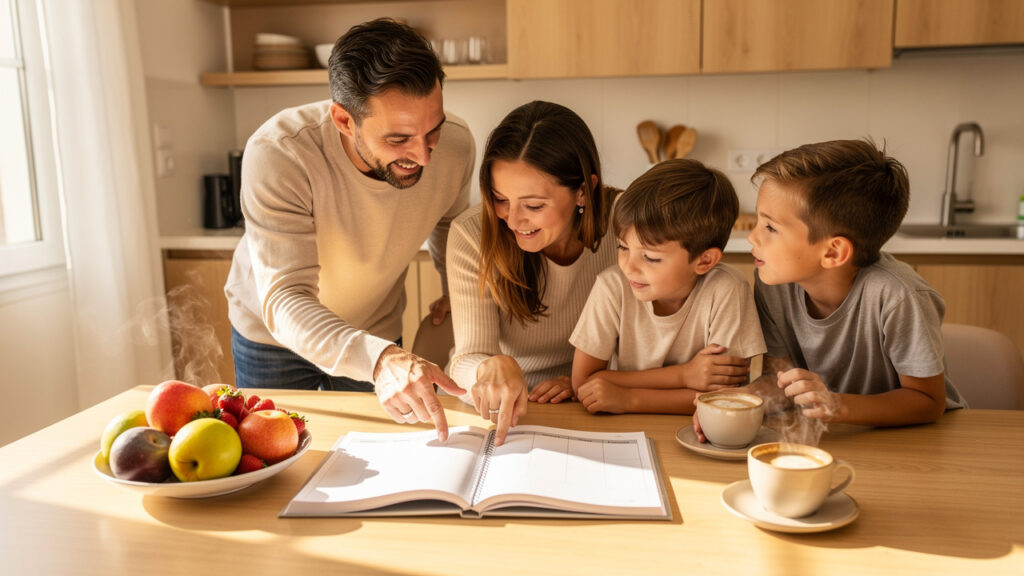 Famille réunie autour d’une table en bois dans une maison lumineuse de Vertou, avec un agenda hebdomadaire ouvert aux pages vierges.
