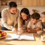 Famille réunie autour d’une table en bois dans une maison lumineuse de Vertou, avec un agenda hebdomadaire ouvert aux pages vierges.
