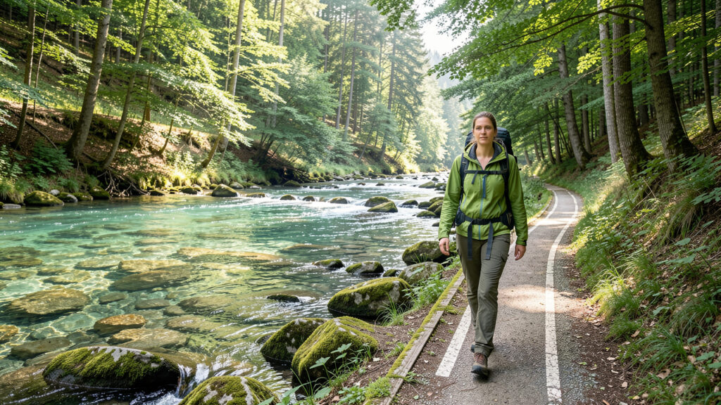 Une randonneuse marche sur un sentier balisé longeant une rivière claire au cœur d’une forêt lumineuse et naturelle.