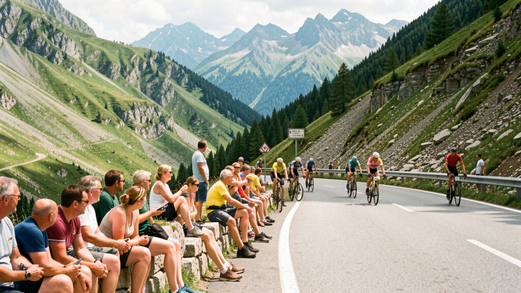 Des hommes et des femmes spectateurs installés au bord d’une route sinueuse des Alpes, attendant le passage d’une course cycliste près d’Orcières-Merlette sous une lumière estivale.