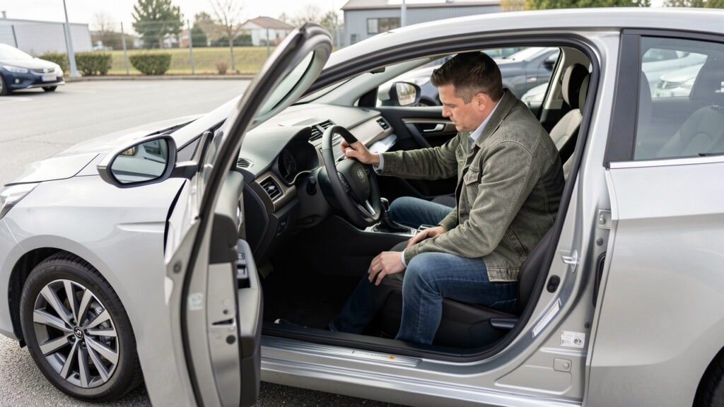 Un homme examine attentivement l’intérieur d’une voiture moderne d’occasion garée sur un parking éclairé par la lumière naturelle.