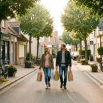 Rue résidentielle arborée de Vertou où des habitants profitent des commerces et services de proximité dans une ambiance chaleureuse et naturelle.