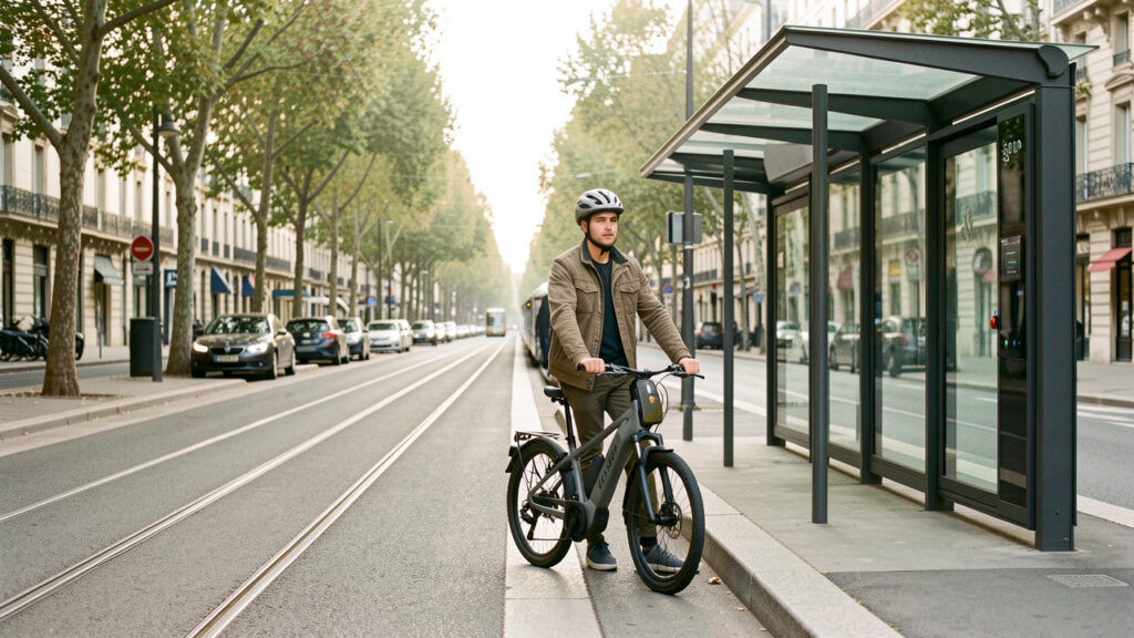 Un jeune homme à vélo électrique près d’une station de tramway dans une ville française, illustrant la mobilité durable.