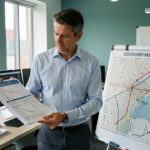 Un responsable logistique compare des devis de fret, des graphiques d’émissions carbone et une carte de transport multimodal sur son bureau.