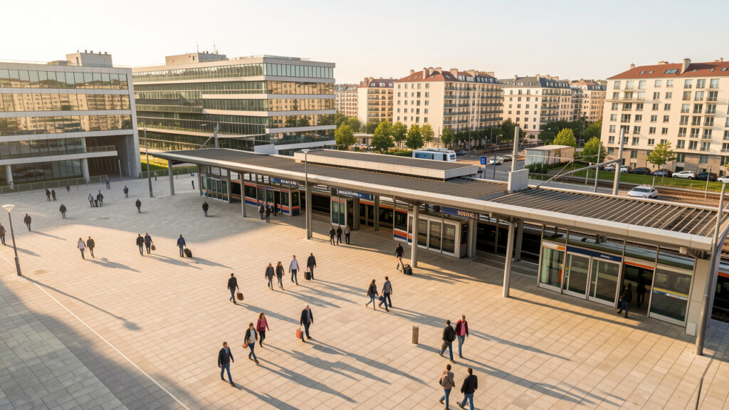 Vue aérienne réaliste d’une nouvelle gare métropolitaine parisienne, avec des voyageurs sur le parvis, des immeubles de bureaux et des logements en arrière-plan, baignés par la lumière douce du matin.