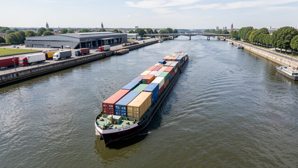 Vue aérienne réaliste d'une barge chargée de conteneurs naviguant sur la Seine, avec des camions et un terminal fluvial en arrière-plan.