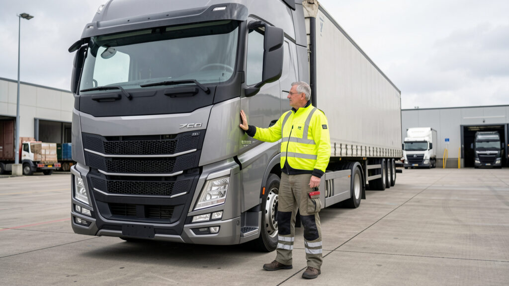 Conducteur routier en gilet de sécurité debout devant un poids lourd sur une plateforme logistique française.