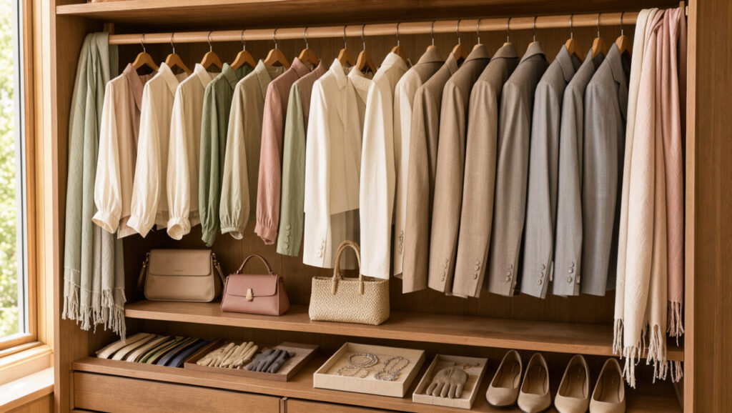 Dressing féminin lumineux où des vêtements légers, des vestes fines et des accessoires de mi-saison sont soigneusement rangés.
