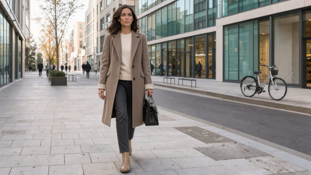 Femme élégante en tenue de mi-saison superposée, marchant dans une rue urbaine lumineuse aux couleurs neutres.