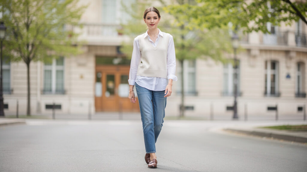 Femme portant un gilet sans manches écru sur une chemise blanche, un jean droit et des mocassins dans une rue urbaine baignée d’une douce lumière printanière.