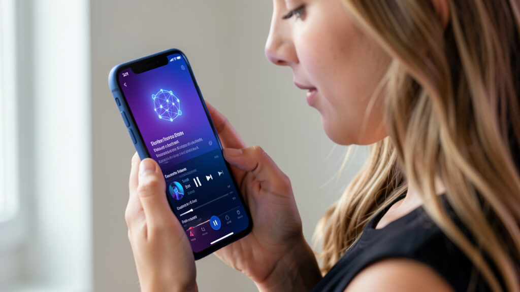 Jeune femme utilisant une application de musique en continu sur un smartphone, avec une interface abstraite évoquant les crédits d’un morceau et l’intelligence artificielle.