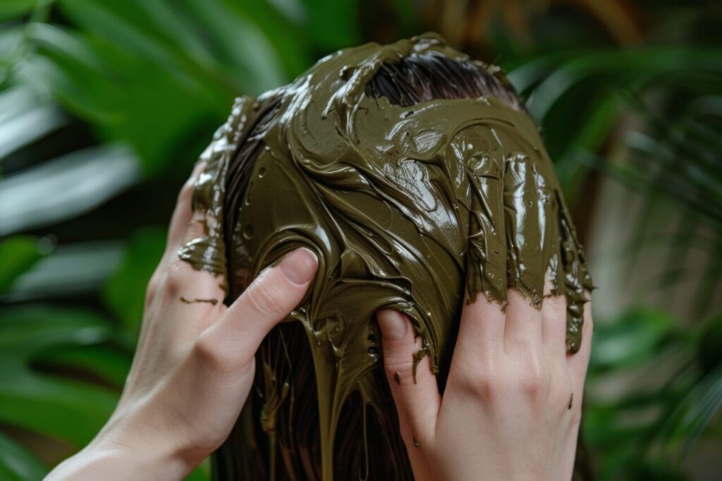Femme appliquant un masque capillaire à la spiruline sur ses cheveux