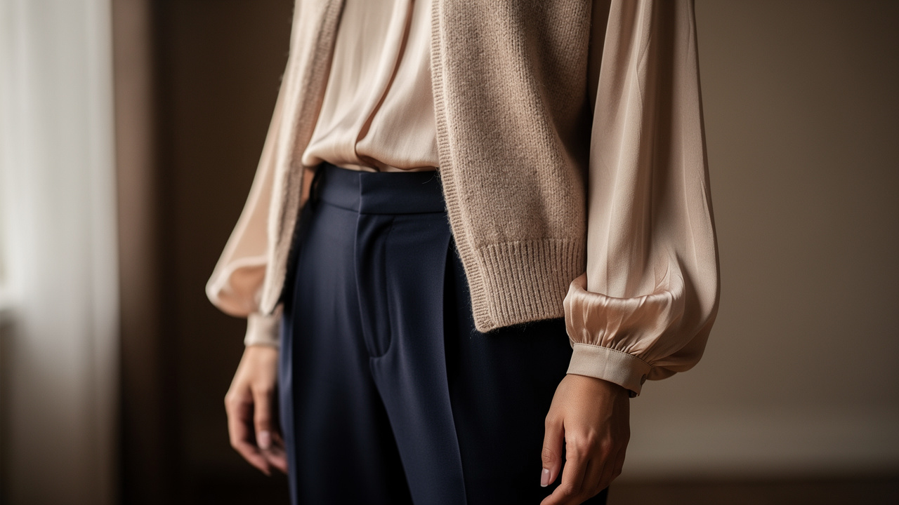 Détail élégant de superposition automnale avec un gilet en maille beige, une blouse fluide et un pantalon marine.