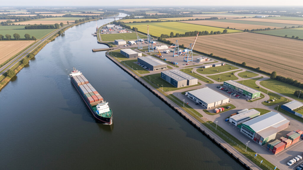 Vue aérienne réaliste d’un futur port intérieur sur le canal Seine-Nord Europe, avec une barge de fret, des quais modernes, des entrepôts et les paysages agricoles des Hauts-de-France.